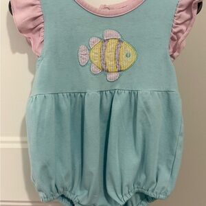 Aqua and Pink Fish Embroidered Kids One Piece